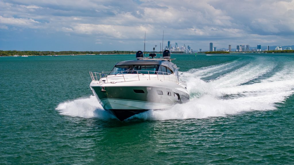 Riviera 6000 sports yacht for sale cruising the broadwater on the gold coast